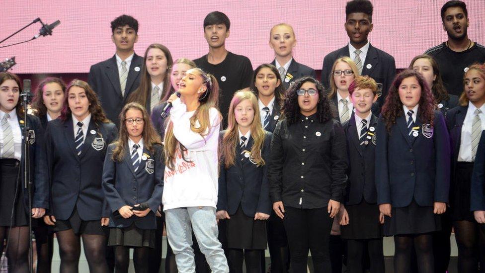 Ariana performing at One Love Manchester with Parrs Wood High School Choir