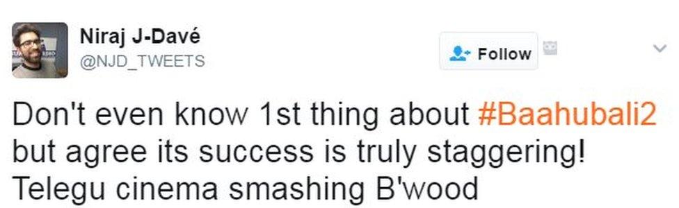 Don't even know 1st thing about #Baahubali2 but agree its success is truly staggering! Telegu cinema smashing B'wood