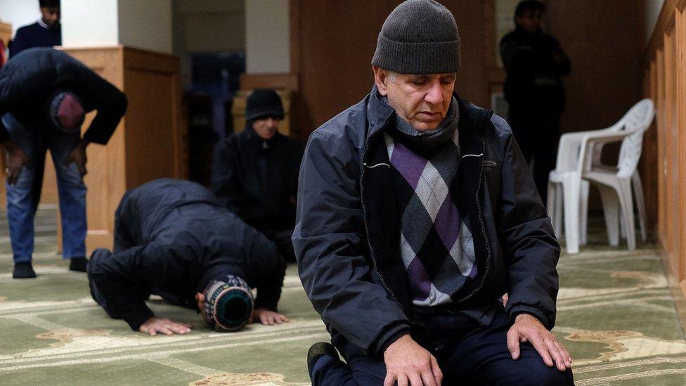 Muslim men pray at a mosque in Jersey City, New Jersey, on December 7, 2015.