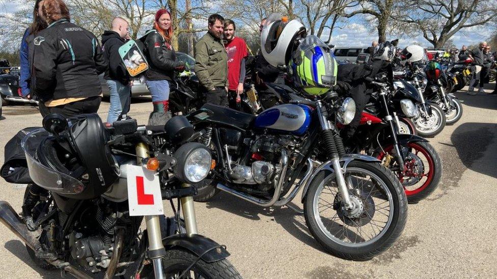 Motorcycles gathering for the egg run