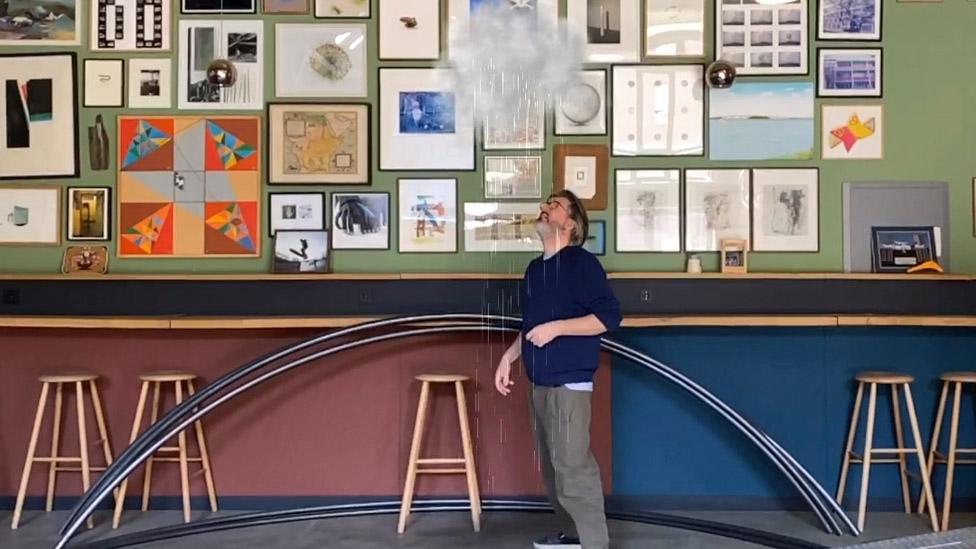 Olafur Eliasson in his studio with his Uncertain Cloud from his AR series Wunderkammer, 2020