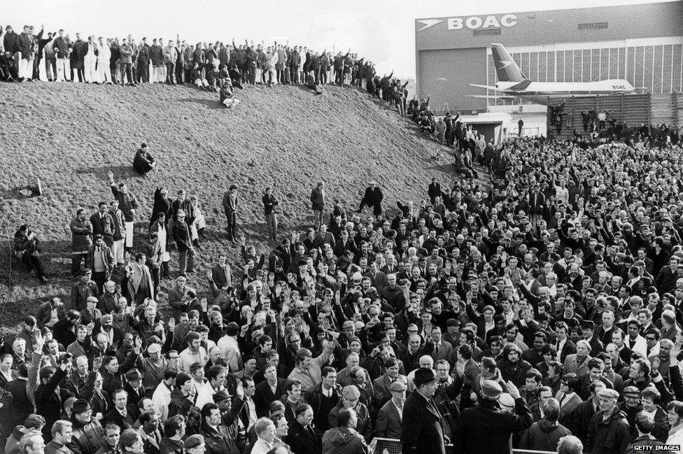 Some of the 4,000 BOAC maintenance staff at Heathrow who are holding a meeting to vote on strike action, 1971