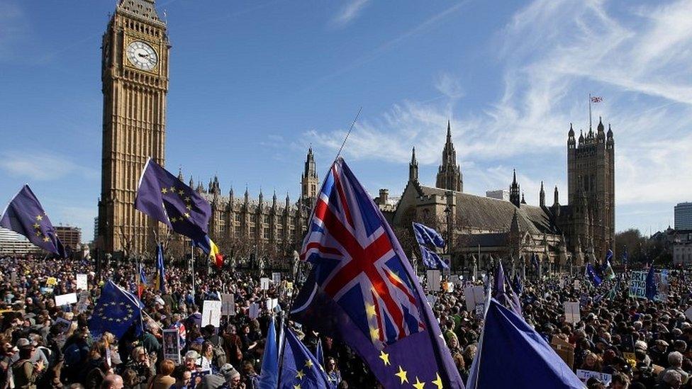 Demonstrators holding EU and Union flags gather in front of the Houses of Parliament