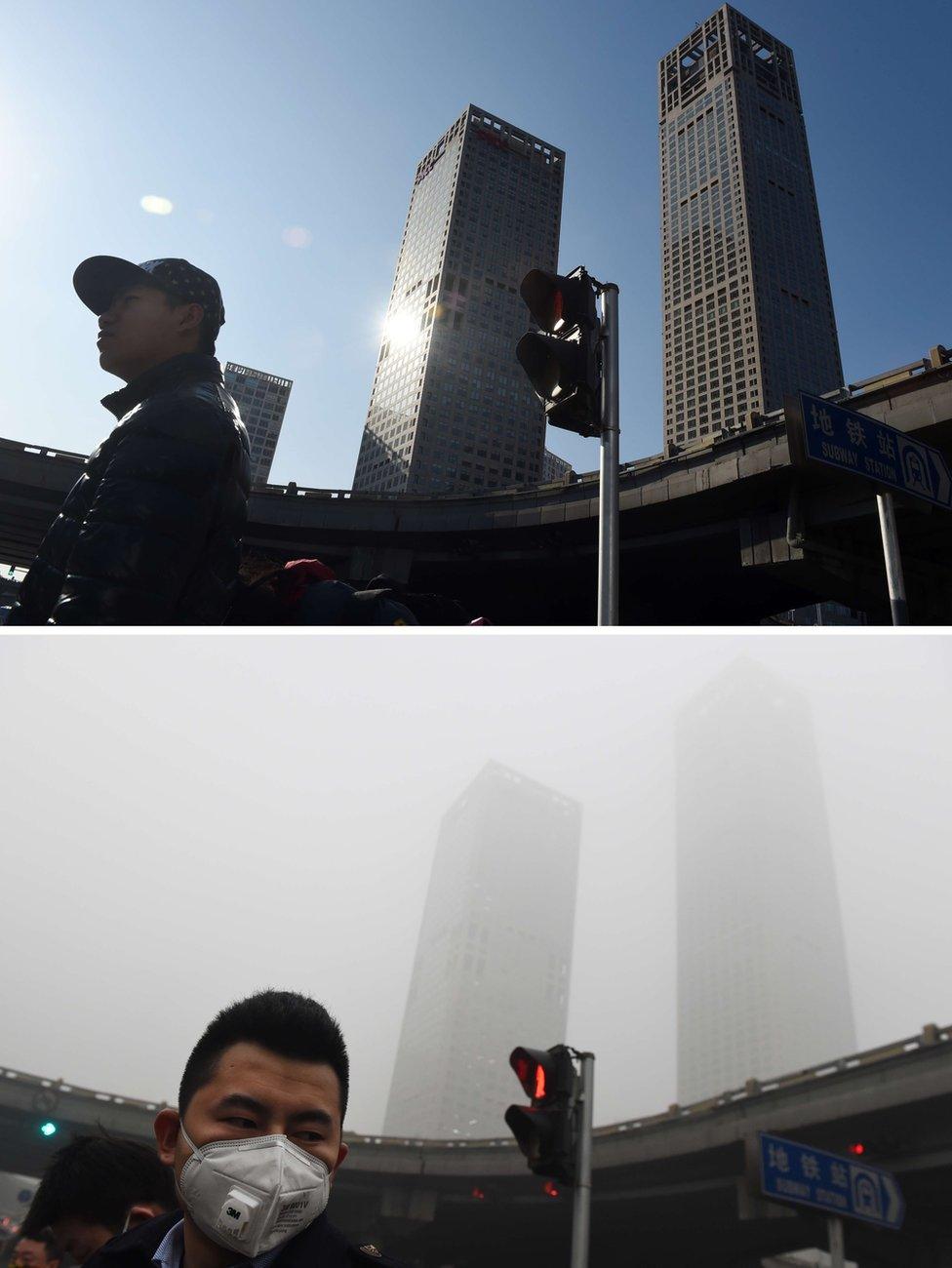 This combination image of two photographs taken on December 3, 2015 (top) and two days earlier on December 1 (bottom) shows pedestrians walking past buildings under clear skies and in heavy pollution in the central business district in Beijing.