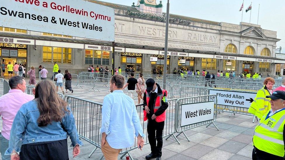 Barriers in place outside Cardiff Central railway station for fans