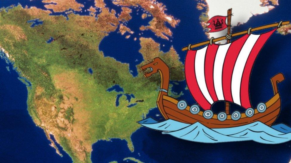 North America and cartoon viking longboat.