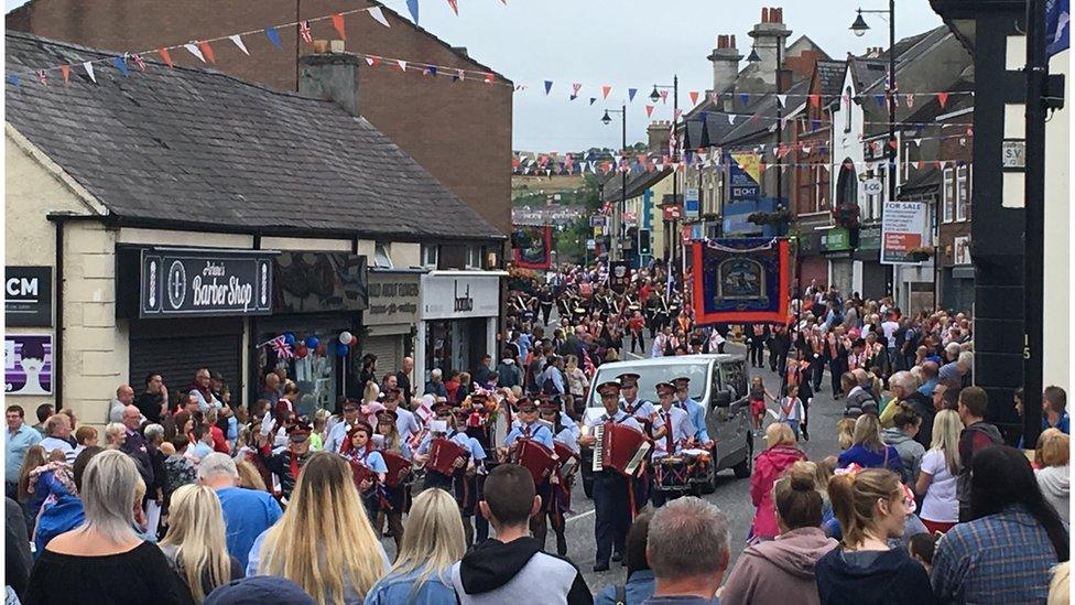 Bands marching in Twelfth of July parade in Ballyclare