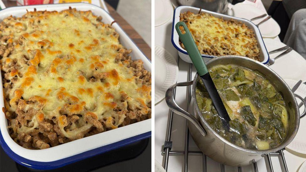 On the left is a tray containing Spätzle. On the right the Spätzle alongside a stew on a table surrounded by paper plates.