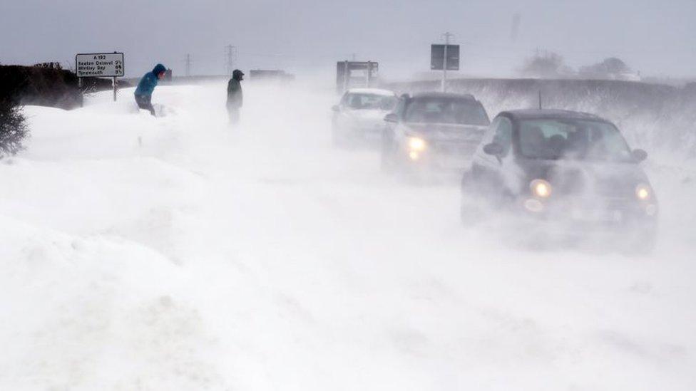 Cars in the snow in Northumberland