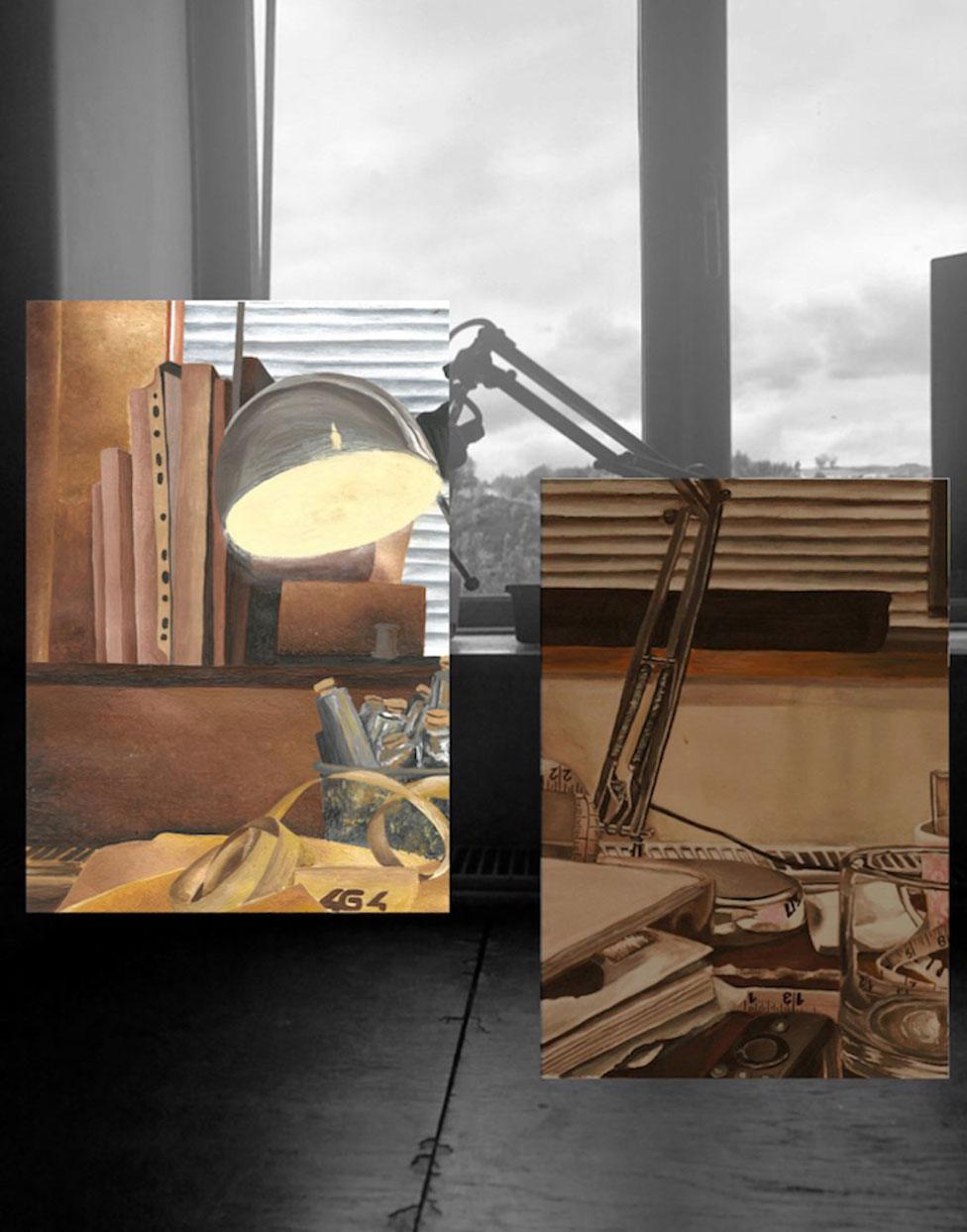 A photo and art montage showing a desk lamp next to a window