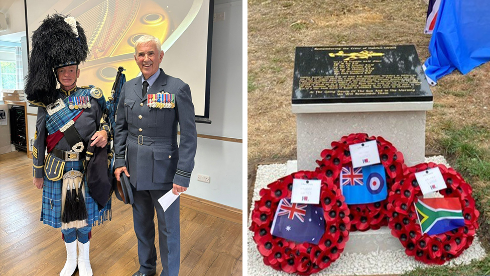 Two images. The left image shows a piper with bagpipes next to a man in a light blue RAF uniform which has a line of medals on the lapel. The second picture shows the memorial with poppies in front of it which include Australia and South Africa flags and the union jack with a RAF roundel.
