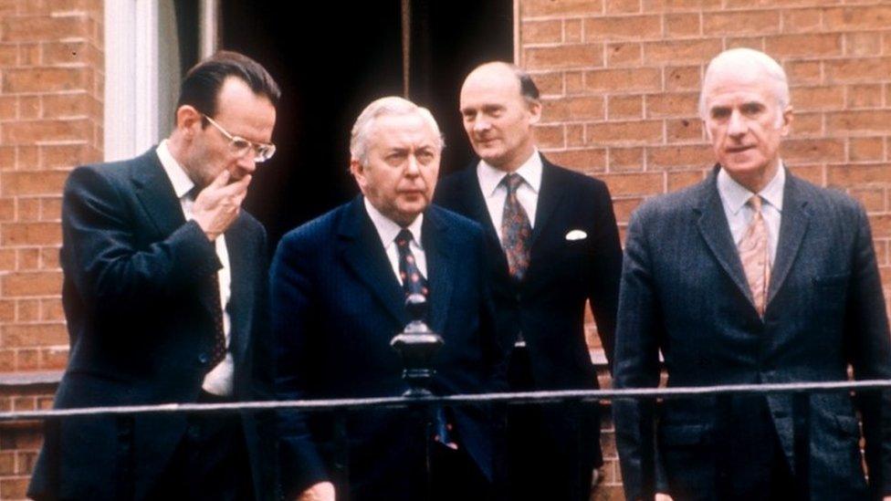 Harold Wilson (centre) with Joe Haines (left) in 1974