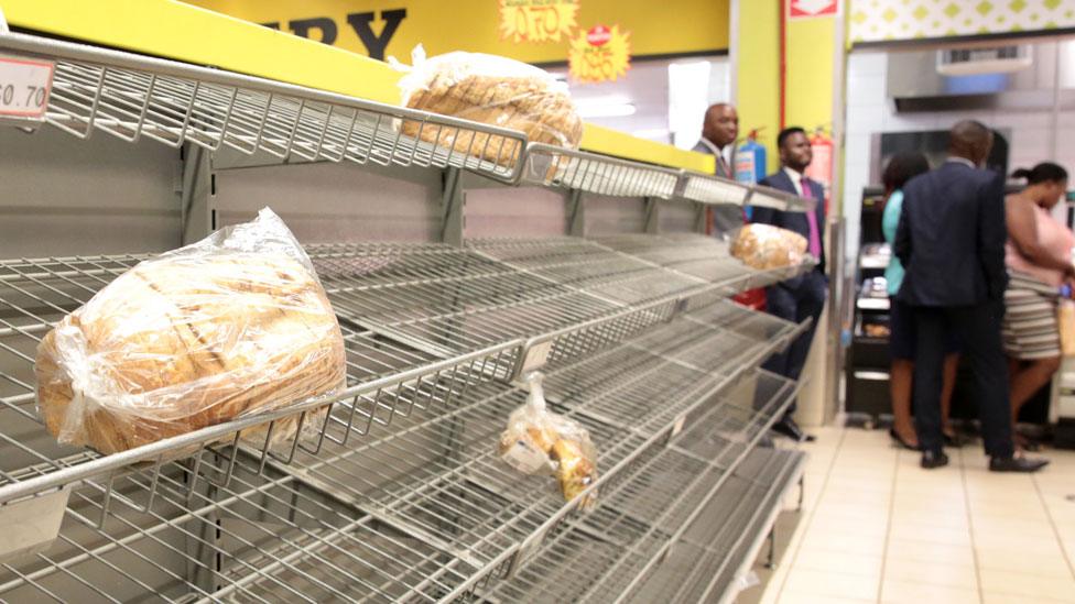 Empty bread shelves in a supermarket in Harare, Zimbabwe, 09 October 2018.