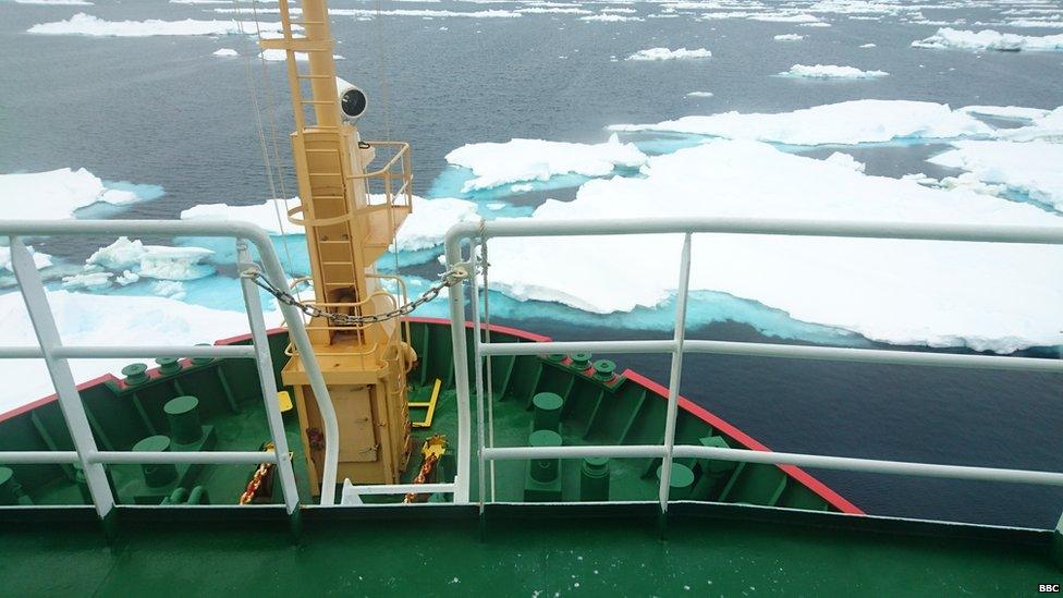 Bow of the ship pushing through shattered ice pack.