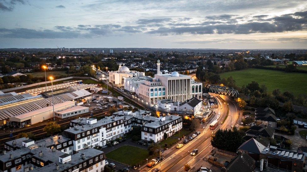 An aerial view of the Baitul Futuh Mosque in Morden