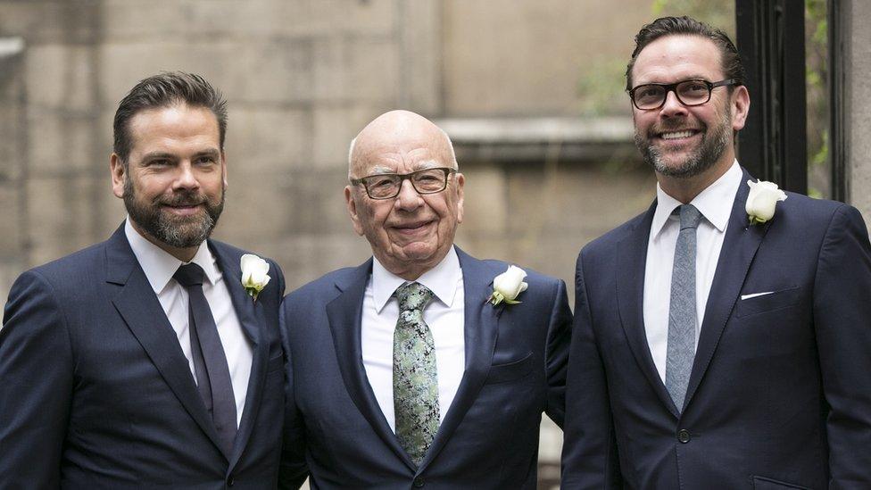 Rupert Murdoch on his wedding day, with his sons Lachlan (L) and James (R)