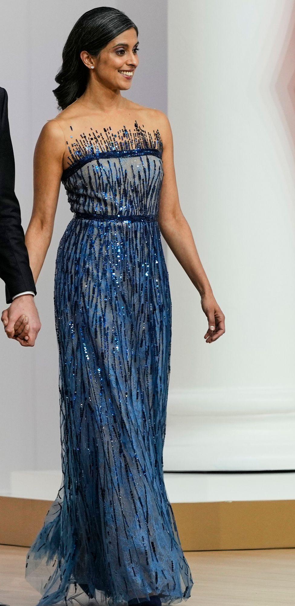 Usha Vance pictured in a glittering blue ball gown at the first inaugural ball in Washington DC