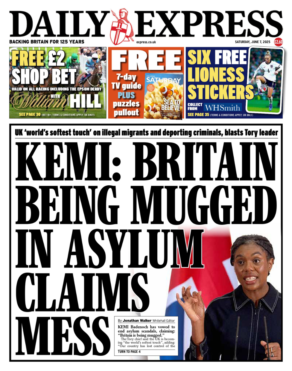 The front page of the Daily Express read: Kemi: Britain being mugged in asylum claims mess