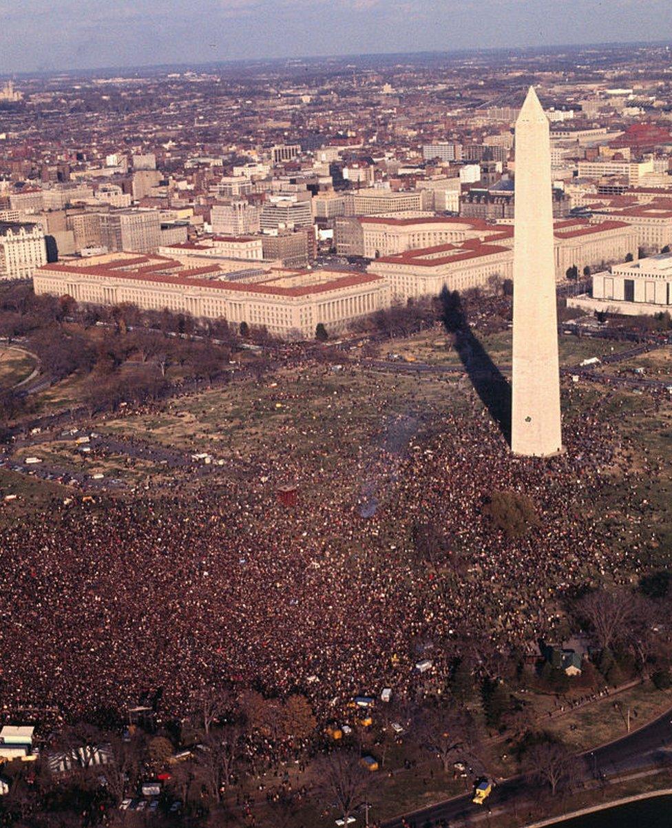 Aerial view of thousands gathered at Washington Monument November 15th during anti-Vietnam War Moratorium Day activities