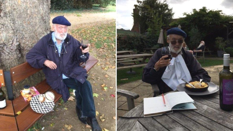 Two photos of David Kirke drinking red wine