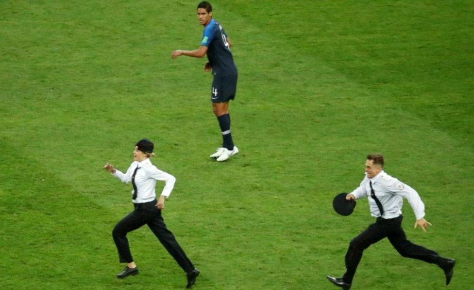 Pitch invasion at World Cup, 15 Jul 18