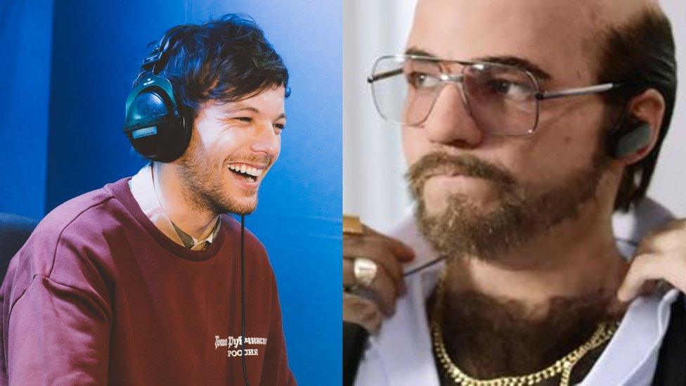 Louis Tomlinson and Louis Tomlinson dressed up as an old man