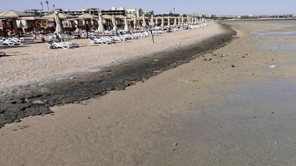 Empty sunbeds are seen during a low tide at the beach of the Red Sea resort of Sahl Hasheesh, Hurghada