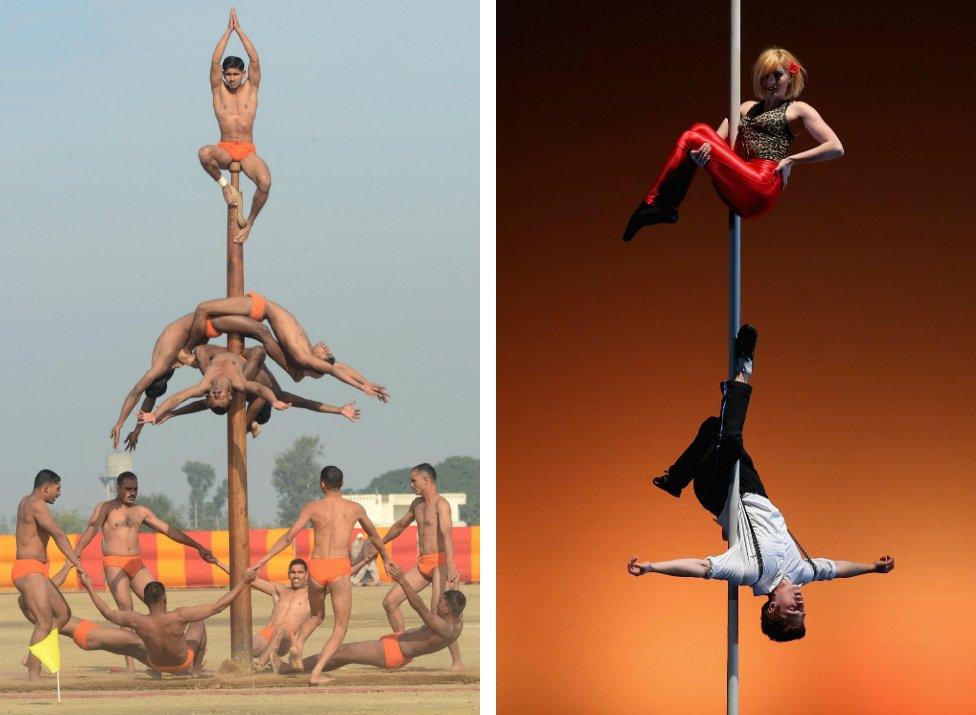 Indian soldiers perform the Mallakhamb (left) and Isabel Nisbet and Patrick Denison perform a Chinese Pole Duet