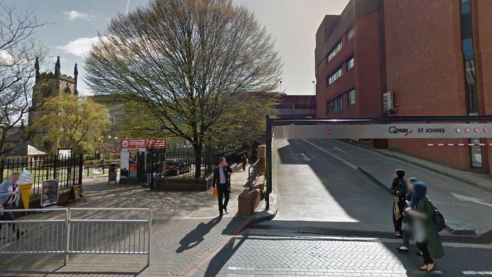 Entrance to St John's Centre car park on Merrion Street, Leeds