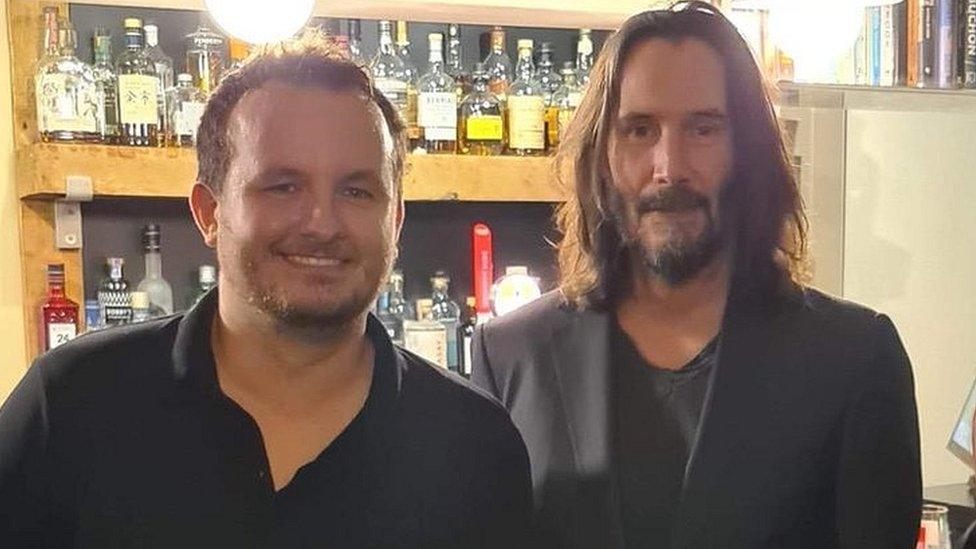 Keanu Reeves with Danny and Laura from the Fox and Hounds pub