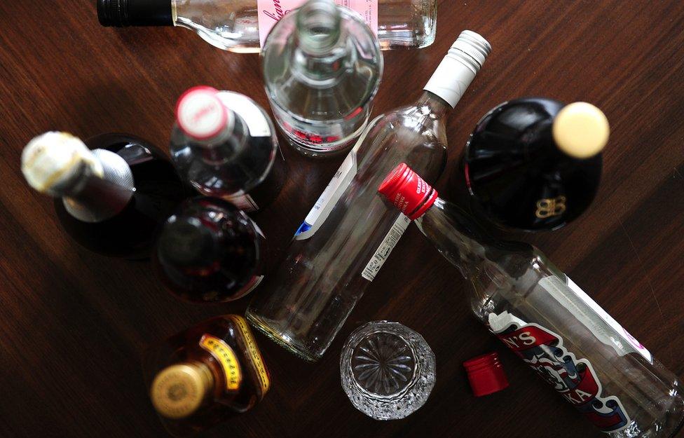 Alcohol bottles viewed from above