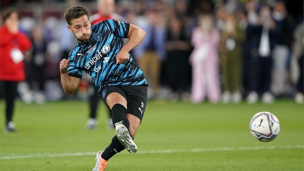 Rest of the World XI"s Kem Cetinay in the shoot-out during the Soccer Aid for UNICEF match at The London Stadium, London