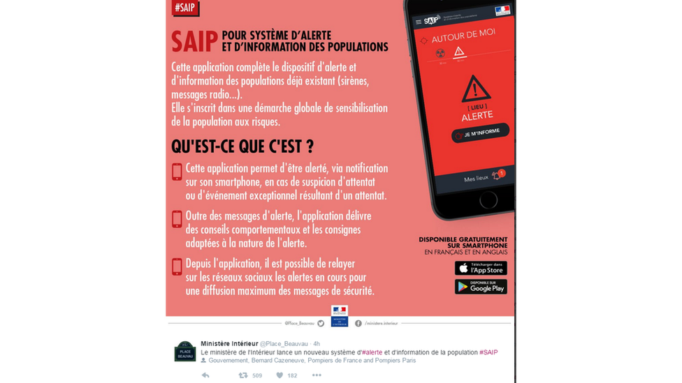 Promotional poster for the app posted on Twitter showing an iPhone with a full screen red alert