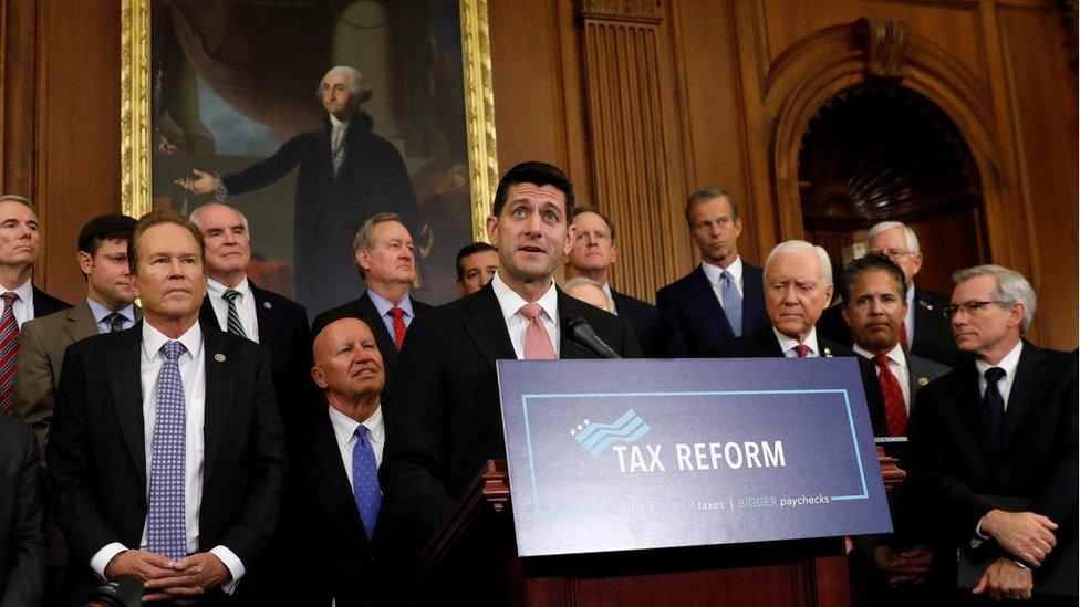 Surrounded by fellow Republicans, Speaker of the House Paul Ryan speaks about the Republican tax plan in the U.S. Capitol in Washington, U.S., September 27, 2017.