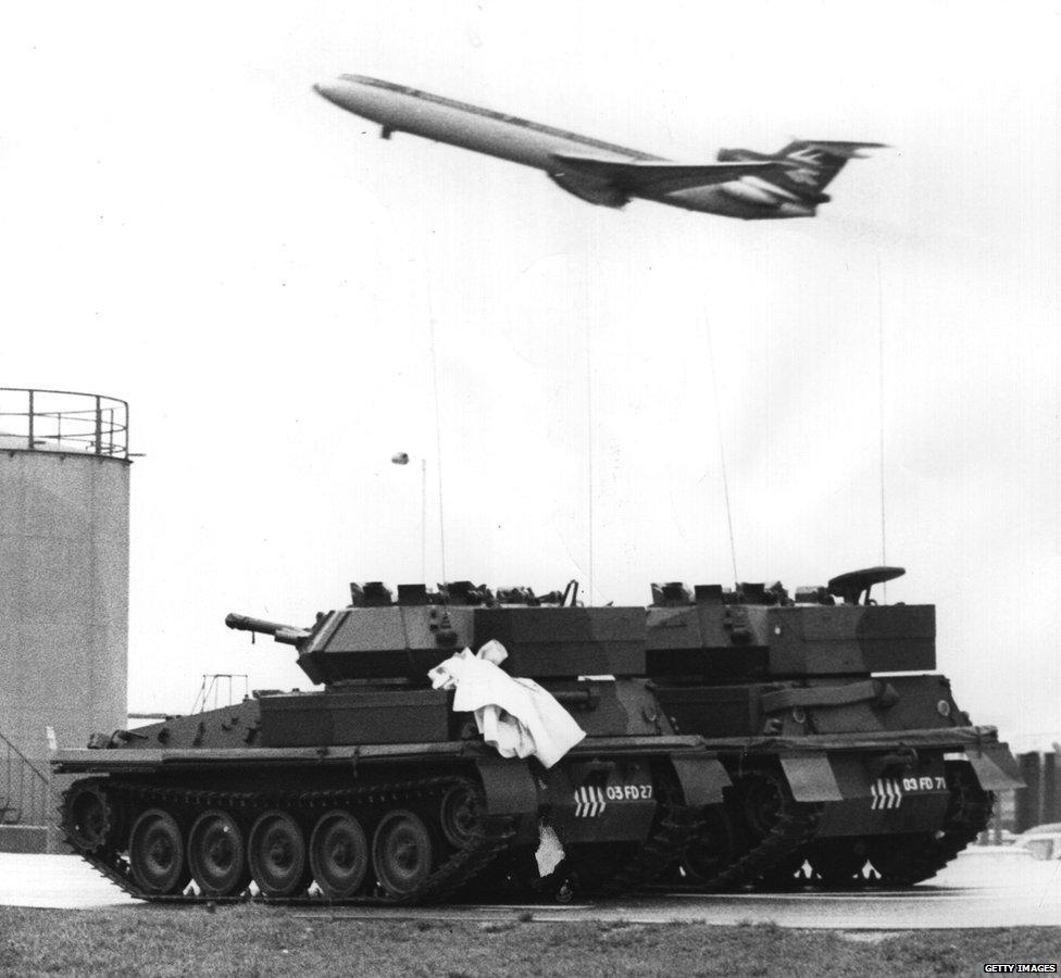 Two Scorpion reconnaissance vehicles stationed at Heathrow airport, during a massive anti-terrorist alert, 1974