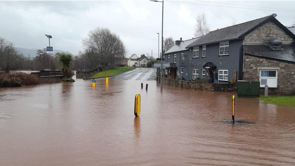 Flooded road in Llangattock