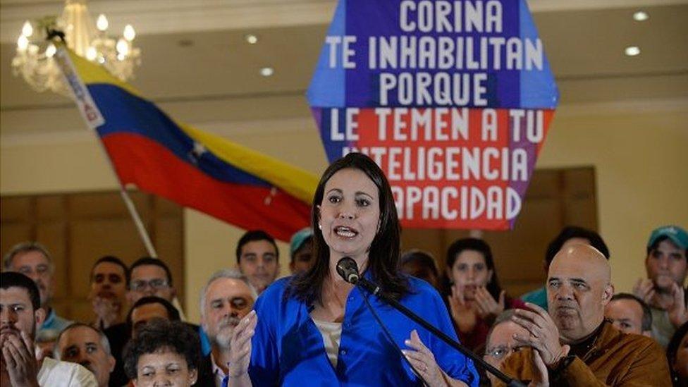 Venezuelan opposition leader Maria Corina Machado speaks during a press conference in Caracas on 15 July, 2015.