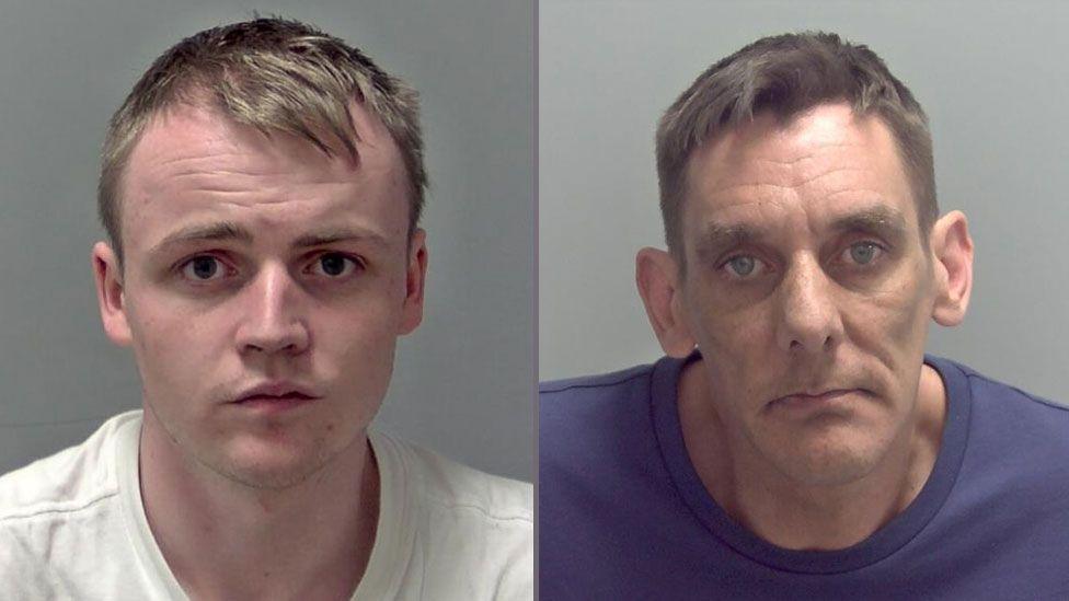 Police mug shots of Dominic Wilkins, who has short light brown hair and is wearing a white T-shirt and Ben French, who has short mid brown hair and is wearing a blue T-shirt. 
