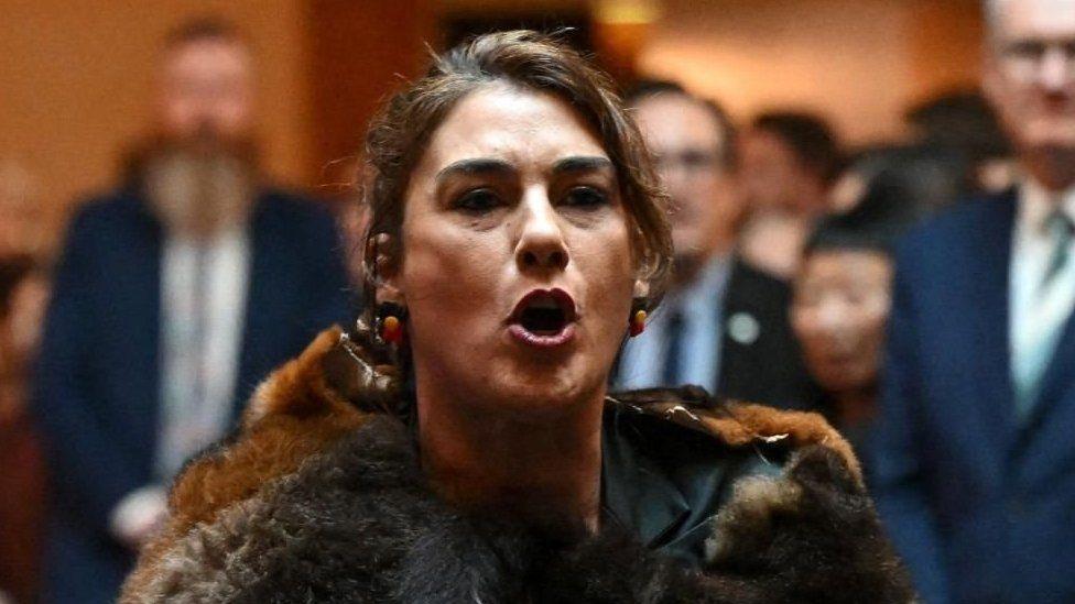 King Charles is heckled by Australian politician Senator Lidia Thorpe before she was escorted away by security at the Australian Parliament House for Ceremonial Welcome and Parliamentary Reception, Canberra, Australia on 21 October, 2024.