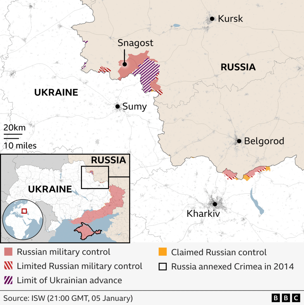 Map showing Russia's western Kursk region and Ukraine's north-eastern regions