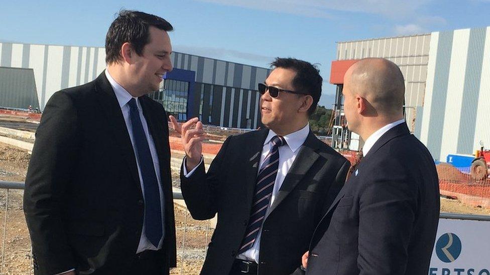 Tees Valley mayor Ben Houchen and TWI's Director of Innovation and Skills Prof Tat-Hean Gan at TeesAMP. with Northern Powerhouse Minister Jake Berry