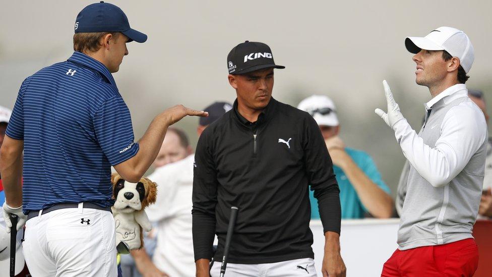 (l-r) Jordan Spieth, Rickie Fowler and Rory McIlroy