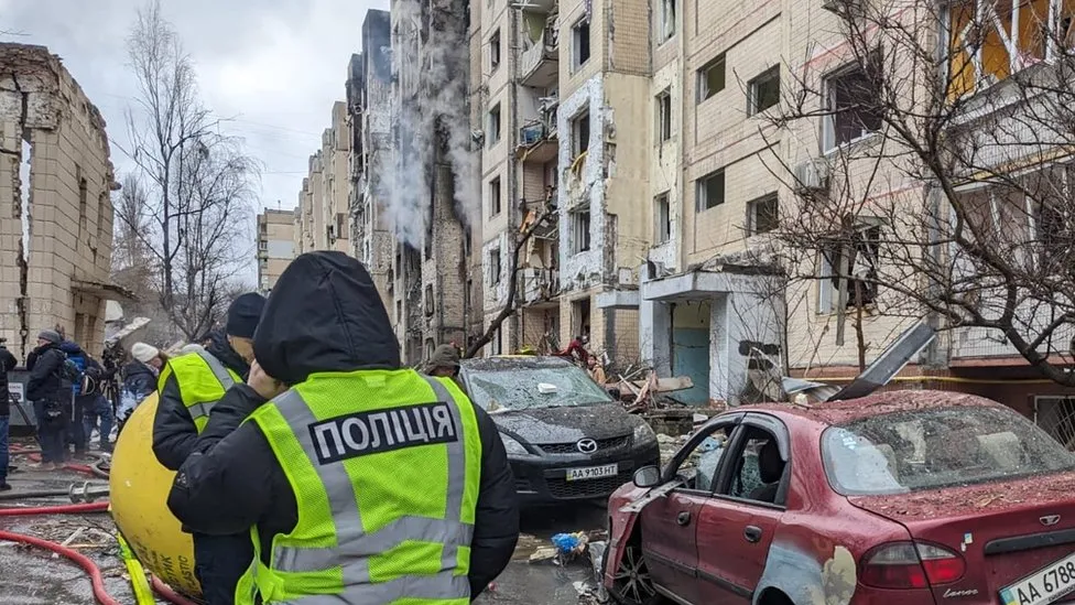 Buildings in Kyiv following a Russian missile attack