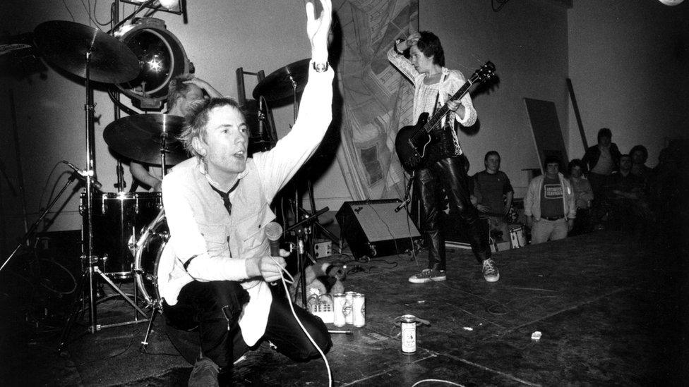 Sex Pistols on stage at Leeds Polytechnic