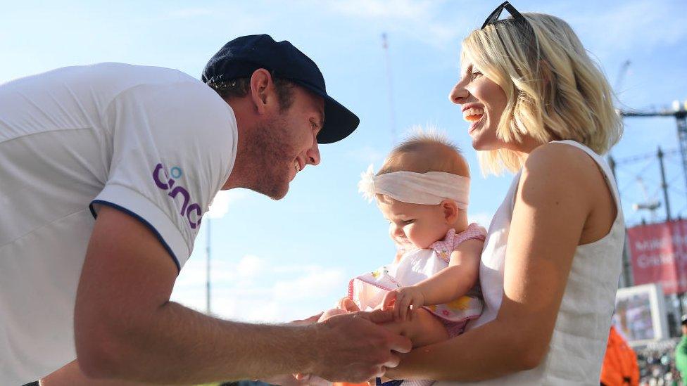 Stuart Broad, Radio 1 DJ Mollie King, and their baby daughter Annabella