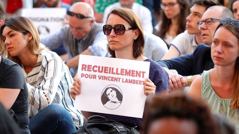 A vigil is held in support of French quadriplegic Vincent Lambert in Paris, 11 July 2019