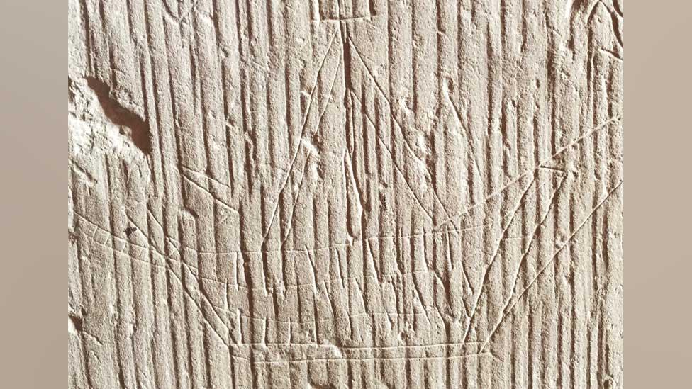 Medieval graffiti of ship, Flamstead church