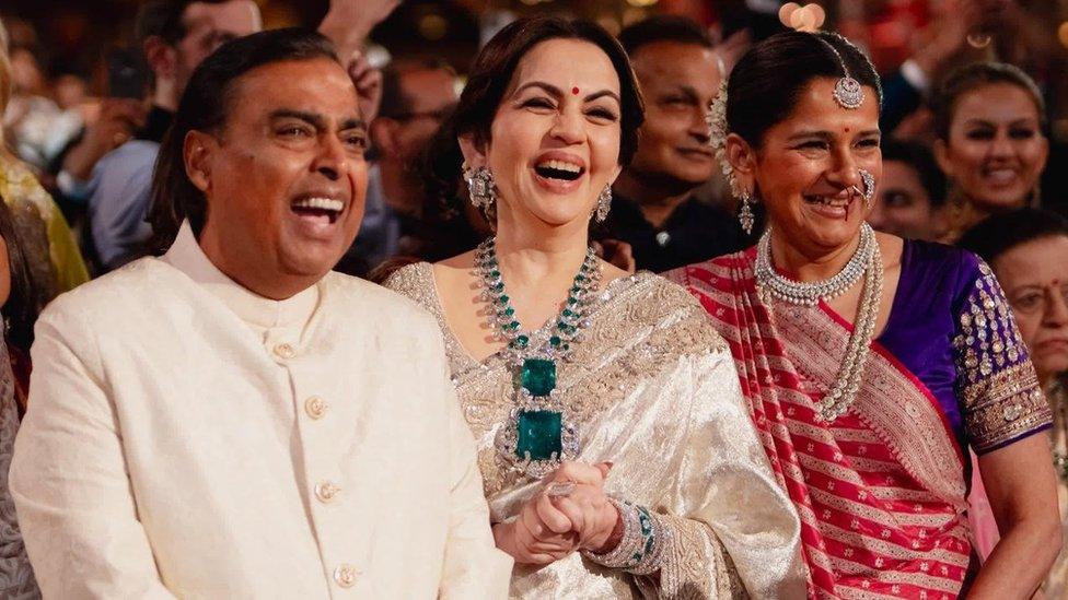 Mukesh Ambani and Nita Ambani seen at the gala in Jamnagar