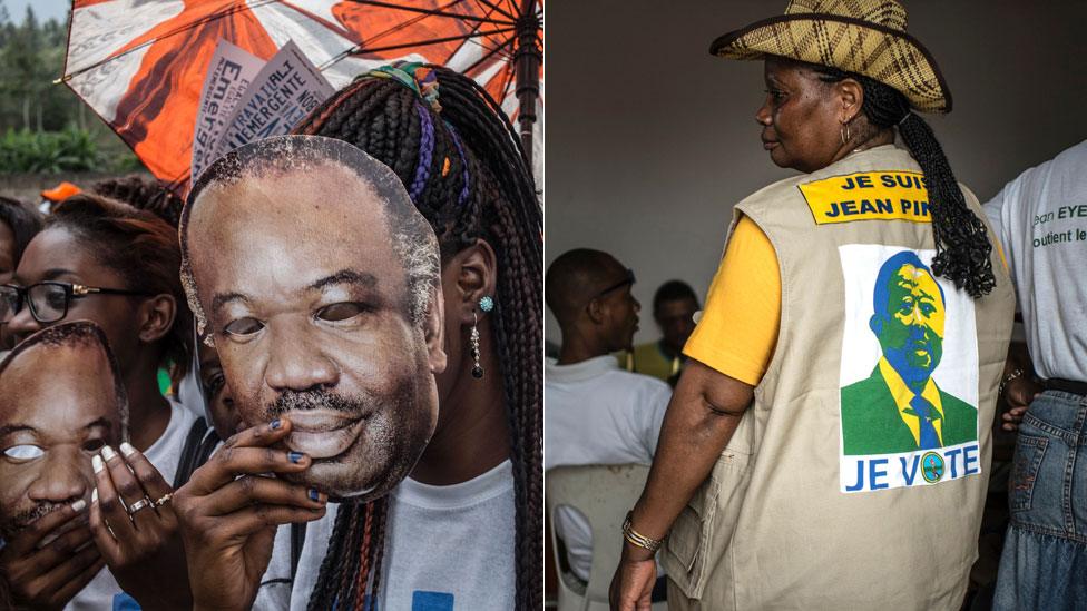 L: Ali Bongo supporters R: A Jean Ping supporter