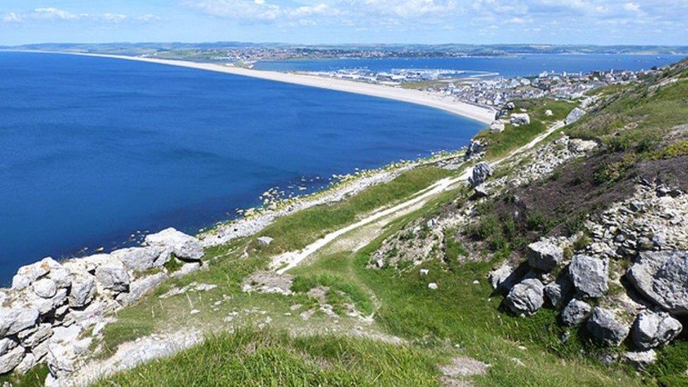 Chesil Beach on the Jurassic Coast pictured from Portland